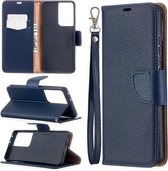 Voor Samsung Galaxy S21 Ultra 5G Litchi Textuur Pure Kleur Horizontale Flip Leren Case met Houder & Kaartsleuven & Portemonnee & Lanyard (Donkerblauw)