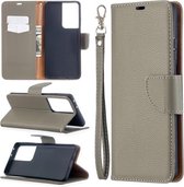 Voor Samsung Galaxy S21 Ultra 5G Litchi Textuur Pure Kleur Horizontale Flip Leren Case met Houder & Kaartsleuven & Portemonnee & Lanyard (Grijs)