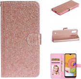 Voor Samsung Galaxy A01 Glitterpoeder Horizontaal Flip Leren Case met Kaartsleuven & Houder & Fotolijst & Portemonnee (Rose Goud)