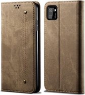 Voor Huawei Y5P denim textuur casual stijl horizontale flip lederen tas met houder & kaartsleuven & portemonnee (kaki)
