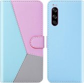 Voor Sony Xperia 5 Tricolor Stitching Horizontale Flip TPU + PU lederen tas met houder & kaartsleuven en portemonnee (blauw)