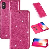 Voor iPhone X / XS Ultradunne glitter magnetische horizontale flip lederen tas met houder en kaartsleuven (rose rood)