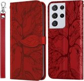 Voor Samsung Galaxy S21 Ultra 5G Life of Tree Embossing Pattern Horizontale flip lederen tas met houder & kaartsleuf & portemonnee & fotolijst & lanyard (rood)