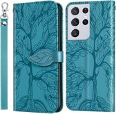 Voor Samsung Galaxy S21 Ultra 5G Life of Tree Embossing Pattern Horizontale flip lederen tas met houder & kaartsleuf & portemonnee & fotolijst & lanyard (meerblauw)