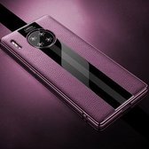 Voor Huawei Mate 30 eerste laag koeienhuid + glazen achterkant beschermhoes (paars)