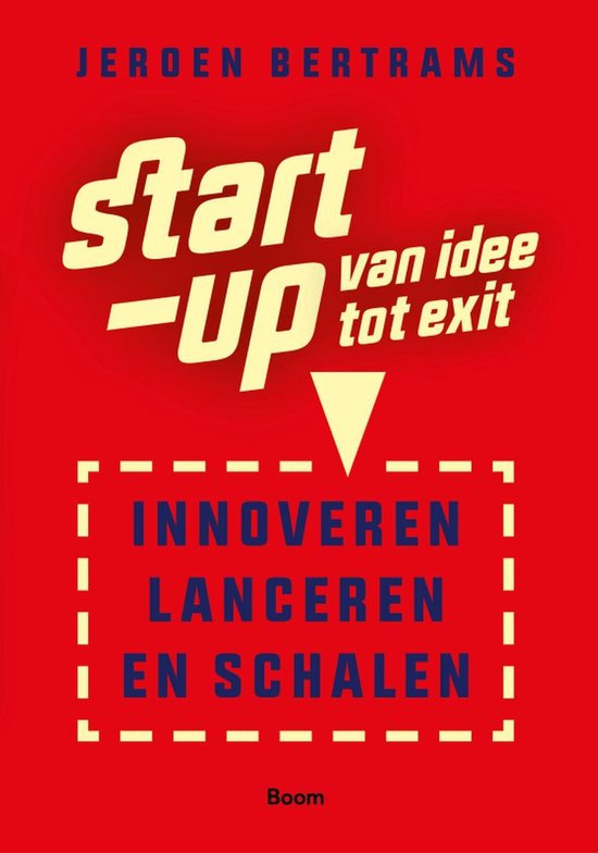 Boek "start-up van idee tot exit" met gele letters op een rode achtergrond. Tekst: "INNoveren lanceren en schalen".