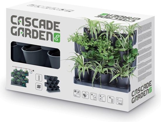 Verpakking van de Cascade Garden verticale tuin met afbeeldingen van planten en potten.