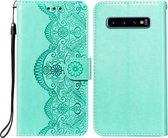 Voor Samsung Galaxy S10 Plus Flower Vine Embossing Pattern Horizontale Flip Leather Case met Card Slot & Holder & Wallet & Lanyard (Green)