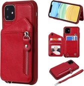 Voor iPhone 11 Dubbele gespen Rits Schokbestendige achterkant Beschermhoes met houder & kaartsleuven & portemonnee & lanyard & fotolijsten (rood)