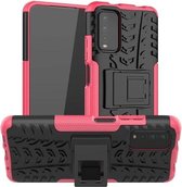 Voor Geschikt voor Xiaomi Poco M3 / Redmi Note 9 4G Bandentextuur Schokbestendig TPU + PC beschermhoes met houder (roze)