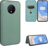 Voor OnePlus 7T Carbon Fiber Texture Magnetische Horizontale Flip TPU + PC + PU Leather Case met Card Slot (Groen)