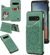 Voor Samsung Galaxy S10 Plus bloem reliëf patroon schokbestendig beschermhoes met houder & kaartsleuven & fotolijst (groen)