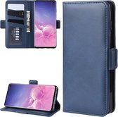 Voor Galaxy S10 dubbele gesp Crazy Horse zakelijke mobiele telefoon holster met kaarthouder beugelfunctie (blauw)