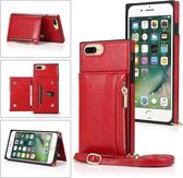 Portemonnee-tas met vierkante rits TPU + PU-achterklep met houder & kaartsleuven & portemonnee & cross-body riem voor iPhone 8 Plus / 7 Plus (rood)