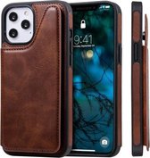 Schokbestendige kuitstructuur beschermhoes met houder & kaartsleuven & frame voor iPhone 12 Pro Max (koffie)