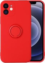 Effen kleur vloeibare siliconen schokbestendige volledige dekking beschermhoes met ringhouder voor iPhone 12 (Lucky Red)
