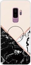 Voor Galaxy S9 + reliëf gelakt marmer TPU beschermhoes met houder (zwart wit roze)