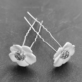 Zilverkleurige Hairpins – Flower - Wit - Diamantjes - 2 stuks