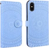 Voor iPhone XS Max geperst afdrukpatroon Horizontale flip PU lederen tas, met houder & kaartsleuven & portemonnee & & draagkoord (blauw)