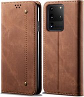 Voor Galaxy S20 ultra denim textuur casual stijl horizontale flip lederen tas met houder en kaartsleuven en portemonnee (bruin)