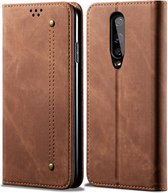 Voor OnePlus 8 denim textuur casual stijl horizontale flip lederen tas met houder en kaartsleuven en portemonnee (bruin)