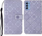 Voor OPPO Reno4 etnische stijl reliëf patroon horizontale flip lederen tas met houder & kaartsleuven & portemonnee & lanyard (paars)