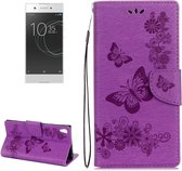 Voor Sony Xperia XA1 Pressed Flowers Butterfly Pattern Horizontale Flip Leather Case met houder & kaartsleuven & portemonnee (paars)
