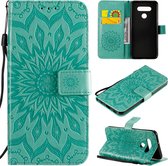 Voor LG K51 Geperst Afdrukken Zonnebloem Patroon Horizontale Flip PU Lederen Case Houder & Kaartsleuven & Portemonnee & Lanyard (Groen)