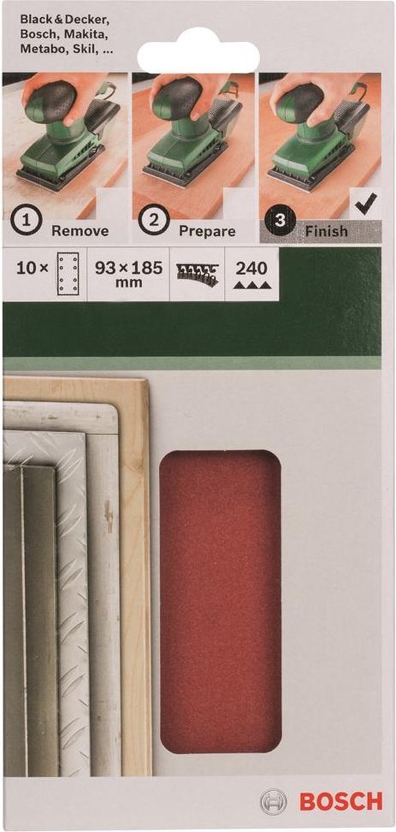 Bosch 10-delige schuurbladset voor vlakschuurmachines 93 x 185 mm - korrel 240