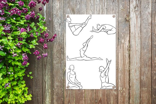 Tuinposter 60x90 cm - Tuindecoratie Yoga - Vrouwen - Poses - Poster voor in de tuin - Buiten decoratie - Schutting tuinschilderij - Tuindoek muurdecoratie - Wanddecoratie balkondoek