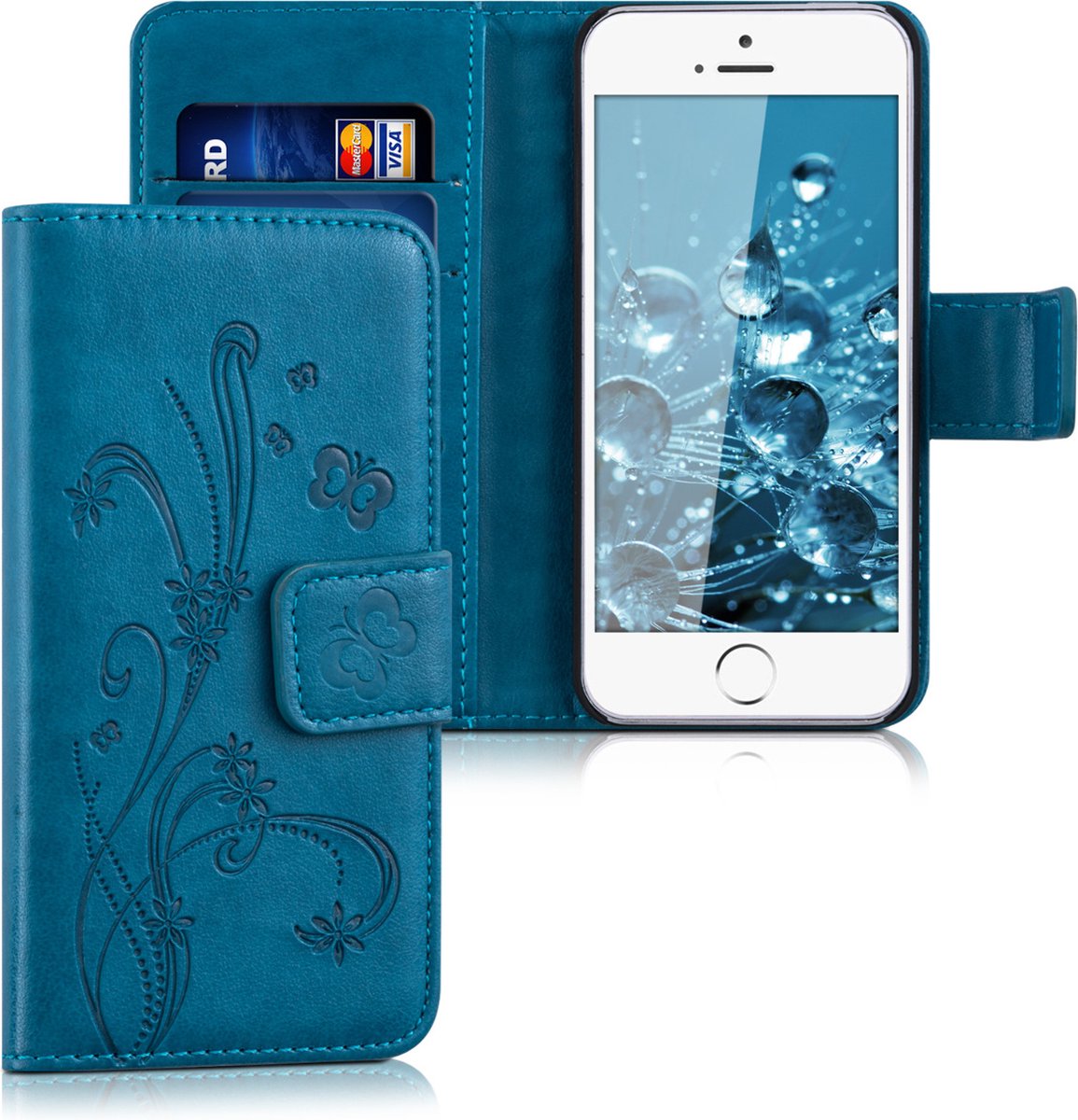 kwmobile telefoonhoesje geschikt voor Apple iPhone SE (1.Gen 2016) / iPhone 5 / iPhone 5S - Backcover voor smartphone - Hoesje met pasjeshouder in donkerblauw - Stengels en Vlinder design