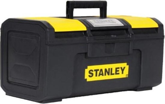Zwarte Stanley gereedschapskoffer met gele deksels en handvat, op witte achtergrond.