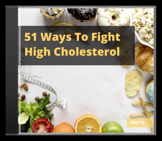 MP3 CD '51 Ways To Fight High Cholesterol' met ongezonde voeding, popcorn en een meetlint.