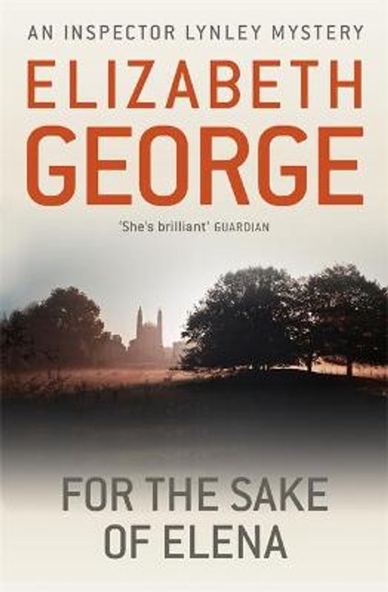 Boek "For The Sake Of Elena" van Elizabeth George, met een mistige achtergrond en een gebouw in de verte.