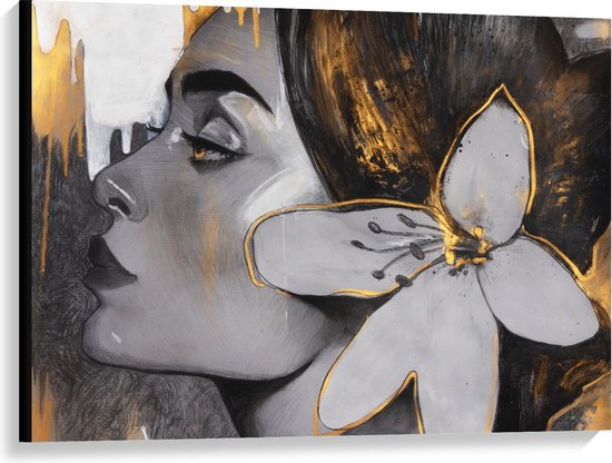 Canvas  - Tekening Van Vrouw met Bloem en Gouden Details - 100x75cm Foto op Canvas Schilderij (Wanddecoratie op Canvas)