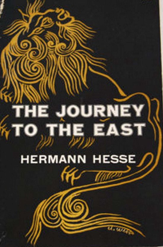 Boekomslag 'The Journey to the East' van Hermann Hesse, zwart met gouden leeuw-illustratie en tekst.
