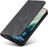 Voor Samsung Galaxy A12 5G Huid-gevoel Kalfsleer Textuur Magnetische Dual-Fold Horizontale Flip Lederen Case met Houder & Kaartsleuven & Portemonnee (Zwart)