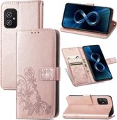 Voor Asus Zenfone 8 ZS590KS Vierbladige Sluiting Reliëf Gesp Mobiele Telefoon Bescherming Lederen Case met Lanyard & Kaartsleuf & Portemonnee & Beugel Functie (Rose Goud)