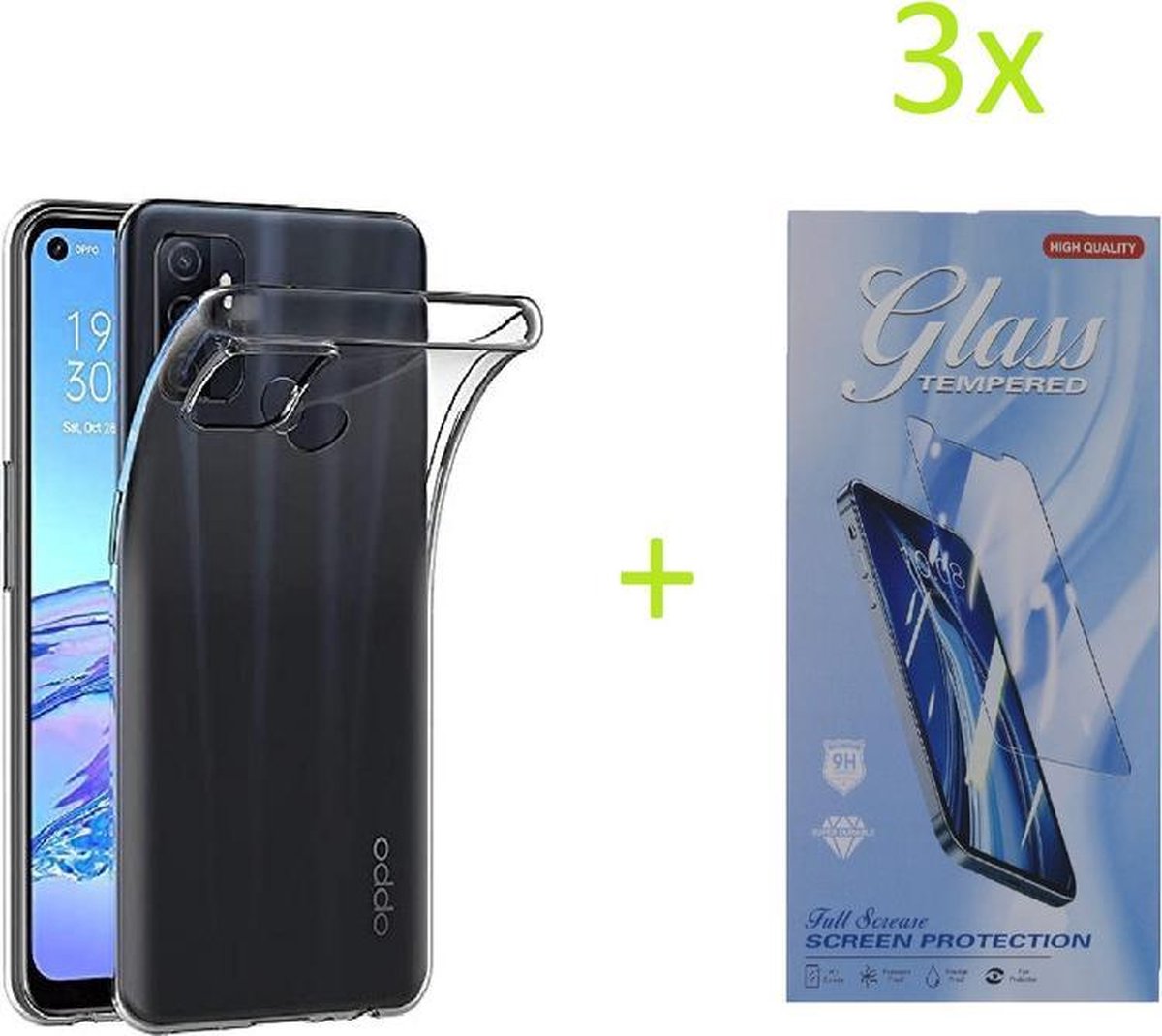 Hoesje Geschikt voor: Oppo A53 4G / A53S Transparant TPU Silicone Soft Case + 3X Tempered Glass Screenprotector