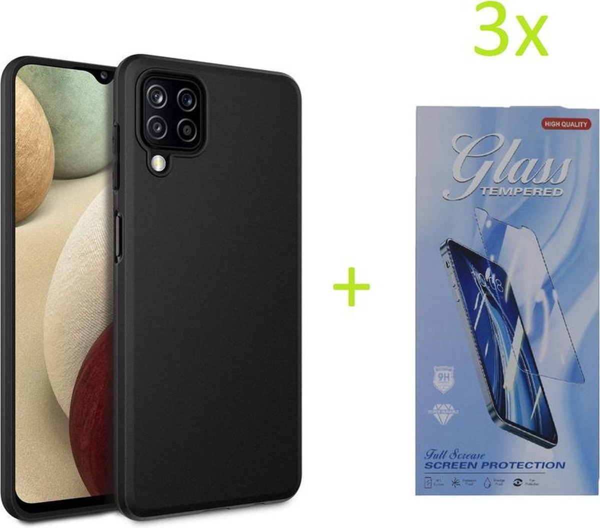 Soft Back Cover Hoesje Geschikt voor: Samsung Galaxy A12 TPU Silicone rubberen + 3xs Tempered screenprotector - zwart