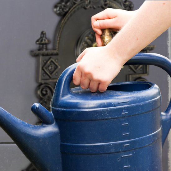 Handen vullen een blauwe gieter aan een muurfontein met gouden kraan.