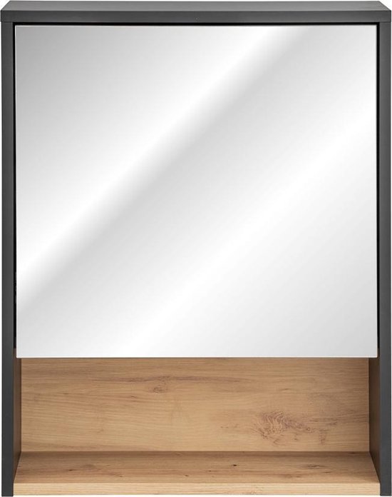 Planetmöbel ARIA spiegelkast badkamer 60 cm breed | Hangende badkamerkast met spiegel | Antraciet, zonder verlichting en stopcontact, badkamermeubel gastentoilet 60 x 70 x 16 cm