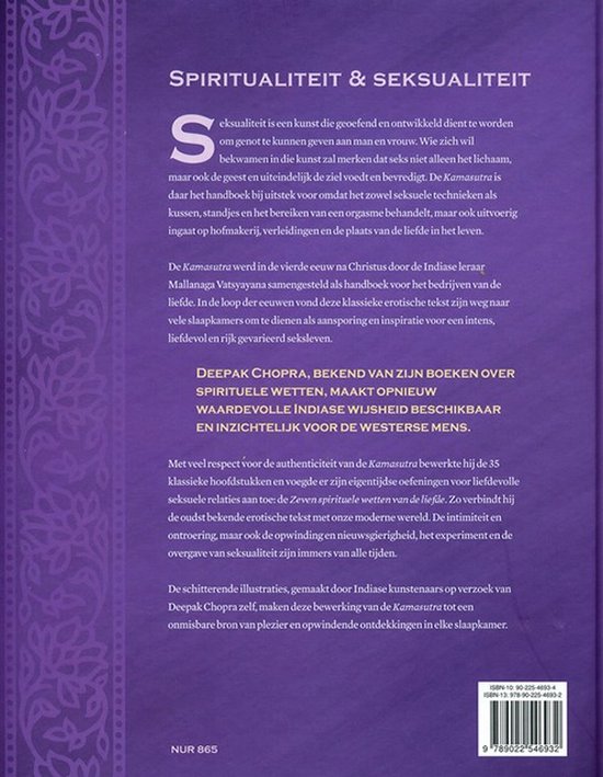 Rug van een boek met de titel 'Spiritualiteit & Seksualiteit' en een paarse decoratie.
