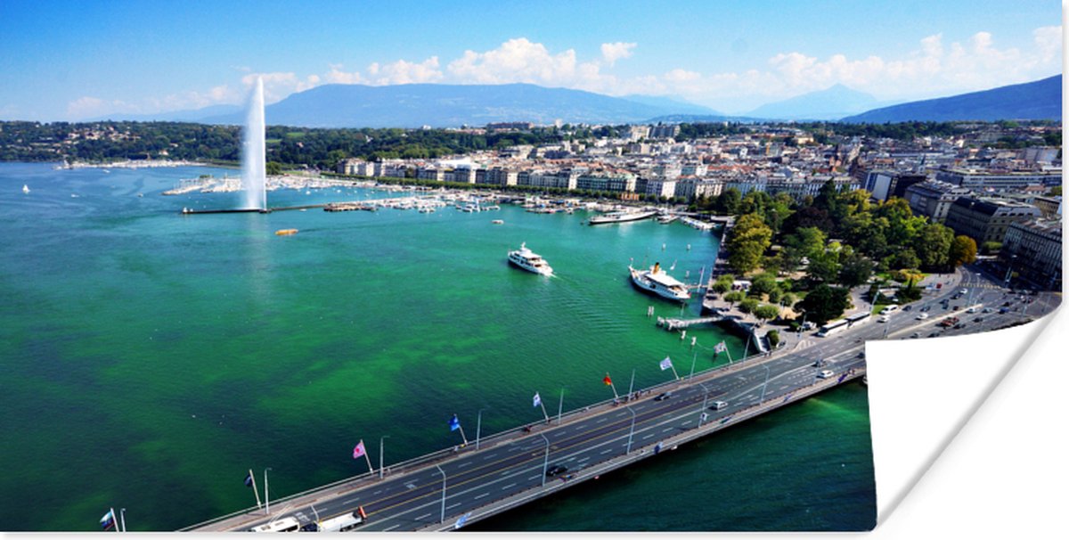 Poster Prachtige luchtfoto van Meer van Genève en de fontein - 40x20 cm