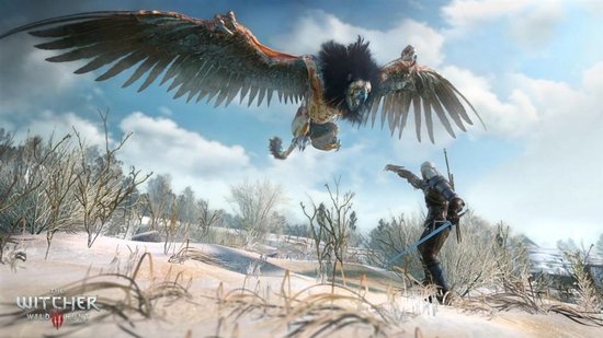 Geralt staat tegenover een vliegend monster met grote vleugels in een besneeuwd landschap.