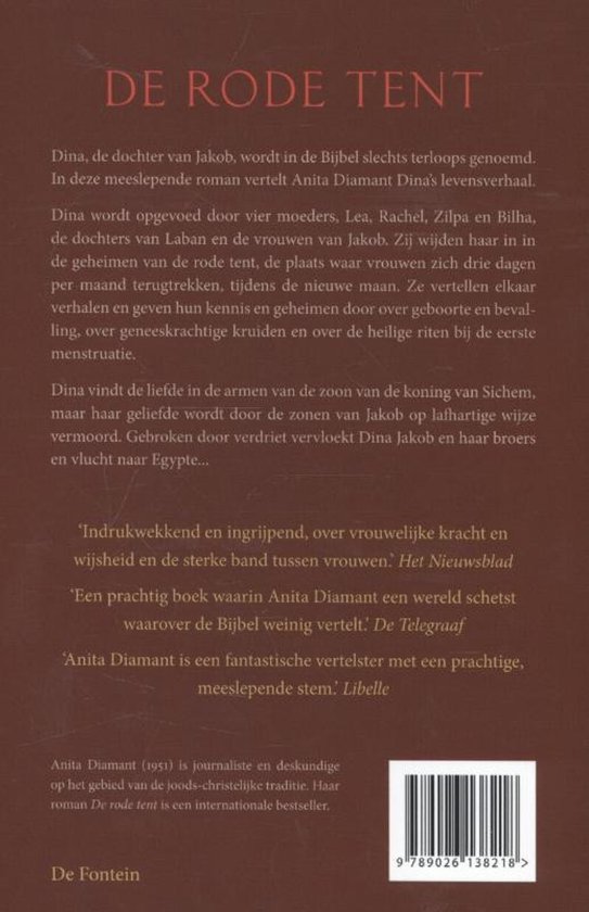 Achterkant boek 'De Rode Tent' van Anita Diamant. Bevat tekst en streepjescode.