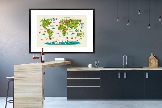 Wereldkaart Enfants - Vert - Animaux - Affiche scolaire - Chambre d'enfant - 120x80 cm