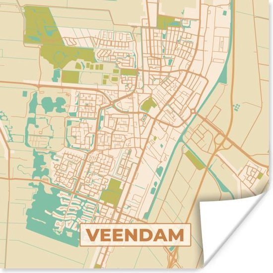 Poster Kaart - Veendam - Vintage - 50x50 cm