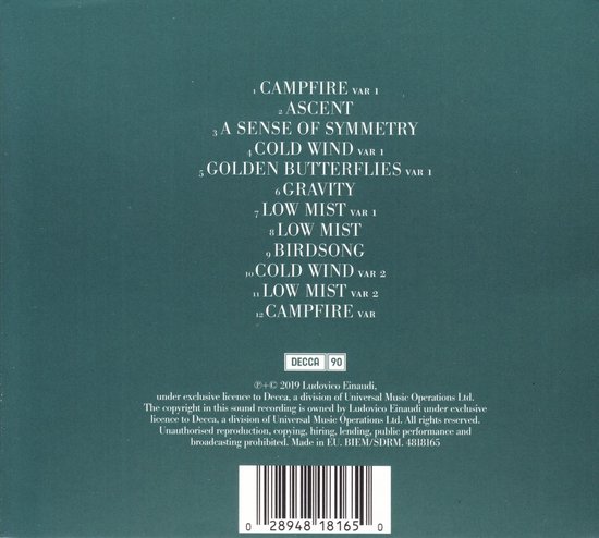 Arrière d'une pochette de CD, affichant le titre de l'album, la liste des pistes, les logos Decca 90 et un code-barres.