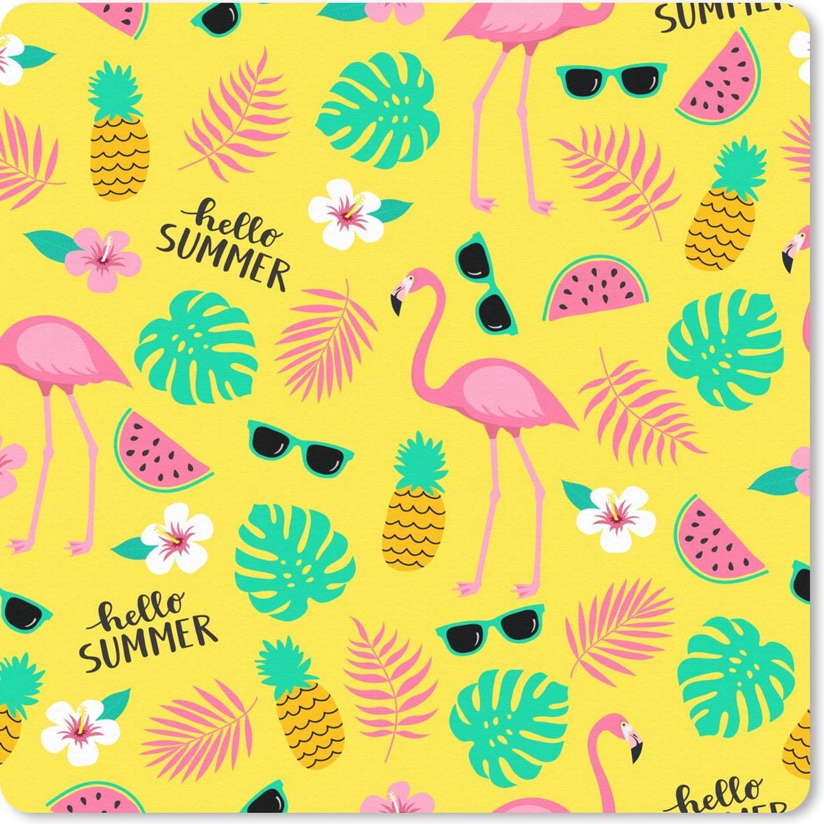 Muismat 30x30 cm - Mousepad Zomer - Flamingo - Geel - Muismatten